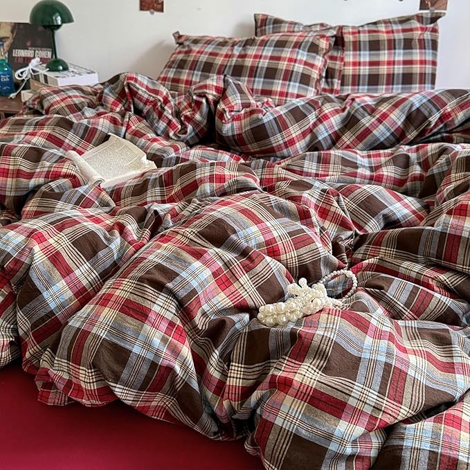 VM VOUGEMARKET Red Brown Plaid Duvet Cover Set King,3 Pieces Washed Cotton Bedding Set,Breathable Luxury Checkered Duvet Cover with 2 Pillowcases