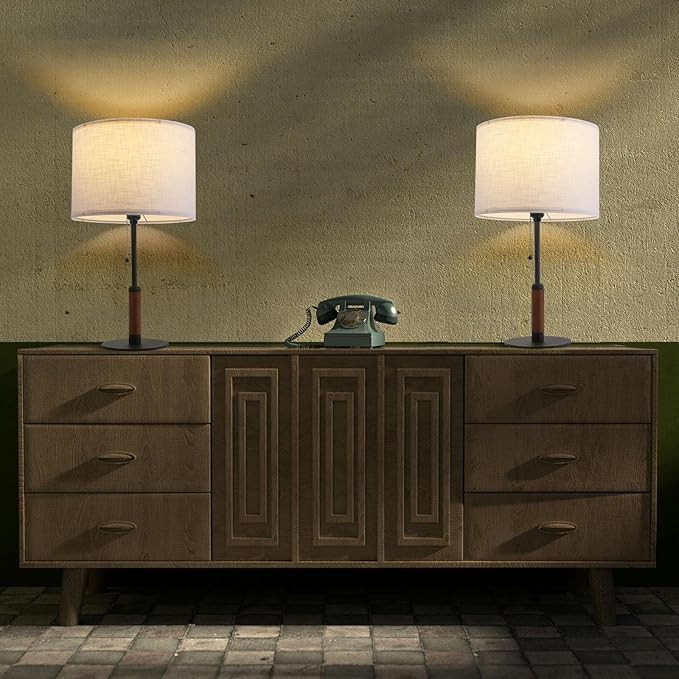 21" Set of 2 Modern Table Lamp Bedside Lamps for Bedroom Living Room Nightstand Lamp for End Tables 3-Color Pull Chain Wood Fabric for Home Office Desk Decor (Off White+Sand Black)