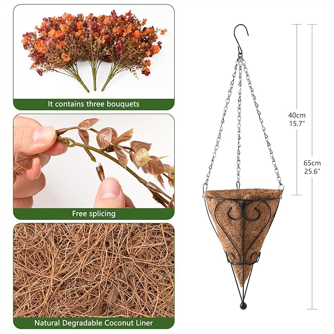 Artificial Faux Fall Hanging Flowers Plants Basket for Fall Outdoor Decoration,Fake Silk Orange Mums planters UV Resistant Look Real for Home Porch Patio Yard Outside Autumn Decor (Brown Orange)