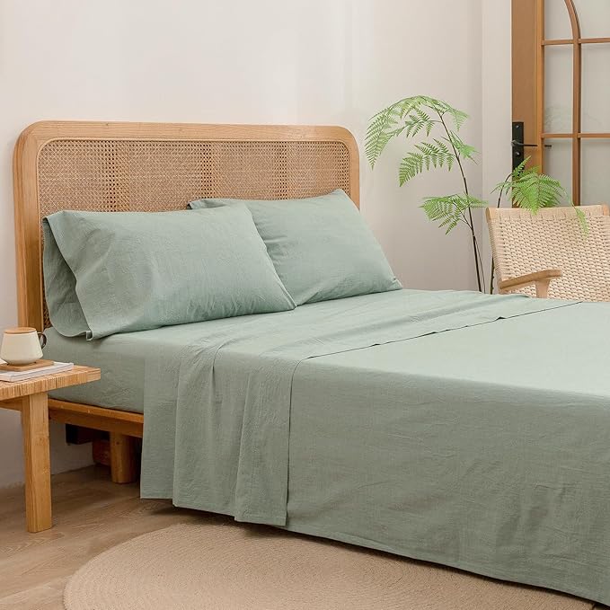 BESTOUCH Sheet Set 100% Washed Cotton Linen Feel Super Soft Comfortable Chic Lightweight 4 Pcs Home Bedding Set Solid Green Queen