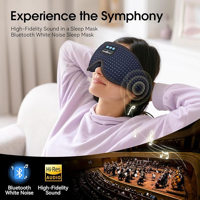 MUSICOZY White Noise Sleep Mask Headphones with 16 Soothing Sounds, Bluetooth Sleep Mask 3D Wireless Music Sleeping Headphones for Side Sleeper