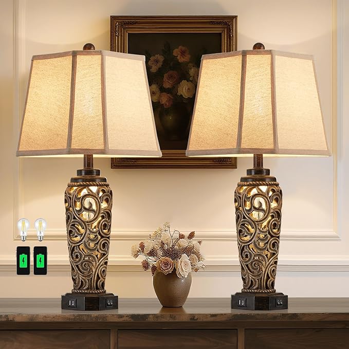 27" Set of 2 Farmhouse Table Lamps for Living Room with USB A+C Ports, Vintage Nightstand Bedroom Lamp and Nightlight, Hollow Out Resin Desk Lamps, 2 Bulbs Include