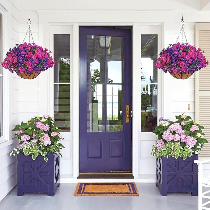 KHOYIME Artificial Hanging Flowers Plants Basket for Outdoors Indoor, 2 Set Faux Silk Purple Fuchsia Morning Glory Fake Eucalyptus Planters UV Resistant Spring Summer for Decor Home Garden Porch Patio