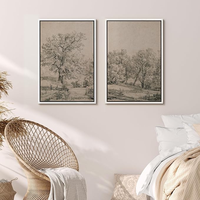 MUDECOR Framed Canvas Print Wall Art Ancient Tree and Country Road Sketch Classic Landscape Pencil Nature Wilderness Illustrations Decorative for Living Room, Bedroom, Office - 16"x24"x2 White