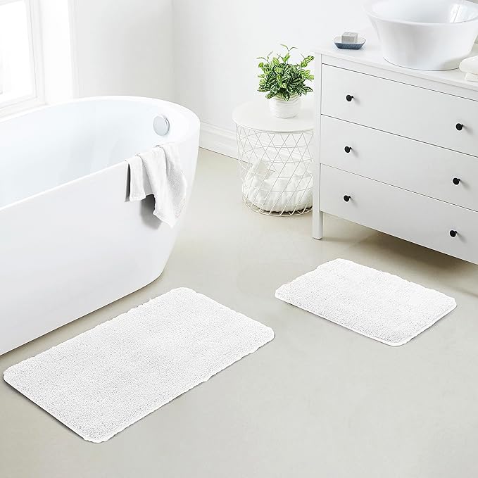 YHF Bathroom Rug Set 2 Piece, Extra Thick & Soft Microfiber Shaggy, Machine Washable Bath Mats, Absorbent Bath Rugs, Non-Slip Rubber Backing Bath Mat for Bathroom Floor, Tub and Shower, White