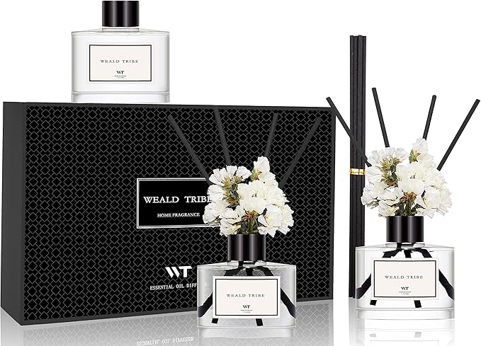WEALD TRIBE Real Flower Reed Diffuser Set of 3 for Bathroom Air Fresheners, Oil Defusers Sticks | Tuberose, Gardenia, Freesia Scent(1.7 fl oz Each Pack) Home Fragrance with 12 Stick | Shelf Decor