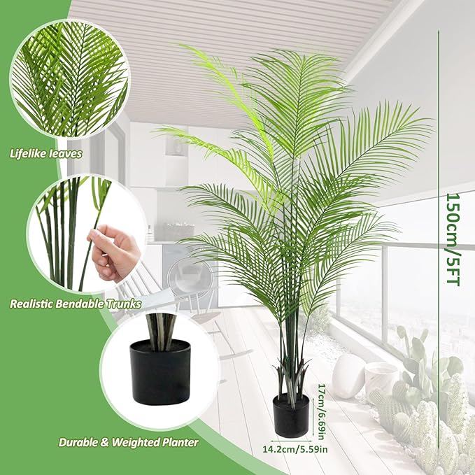 5FT Artificial Palm Tree – Realistic Faux Tropical Plant with UV-Resistant Leaves, Maintenance-Free Indoor Outdoor Palm Plant for Home Office Patio Décor