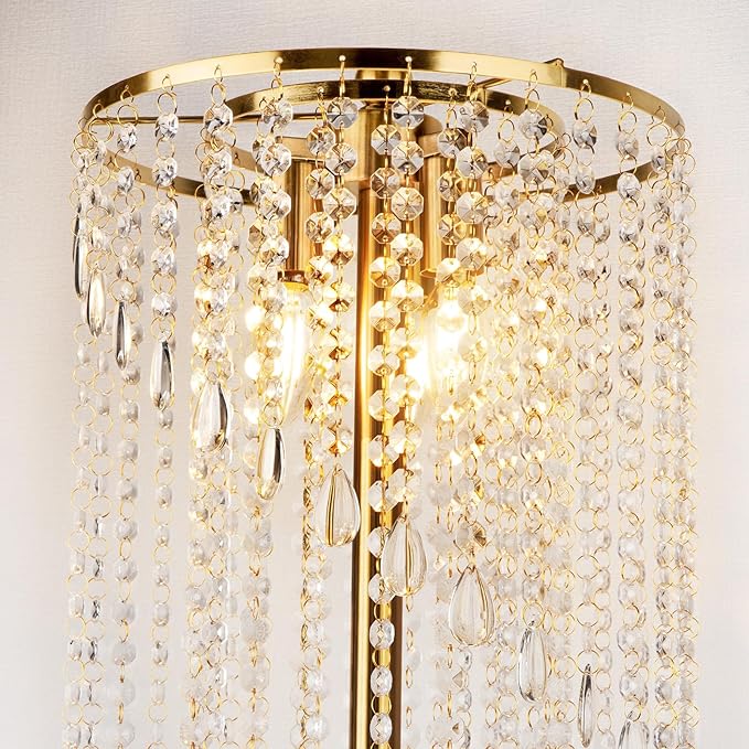 QiMH Crystal Gold Floor Lamps for Living Room, 63" Elegant Tall Standing Lamp with Double-Layer Crystal Shade, Mid Century Modern Floor Lamp for Bedroom, Office, Reading (2700K LED Bulbs Included)