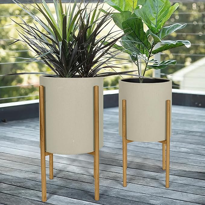 Oakrain Plants Pots with Stand, Set of 2 Planters for Indoor Plants, Modern Decorative Metal Flower Pots for Living Room, Garden, Balcony, 10"&12", Cement Gray Frosted