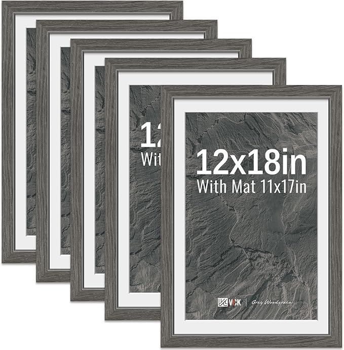 VCK 12x18 Picture Frame 5 Pack - Grey, High-End Wood Poster Frames with Tempered Glass, Display 11x17 Photo with Mat or 12x18 without Mat, Art Gallery-Quality, Wall Hanging, Grey