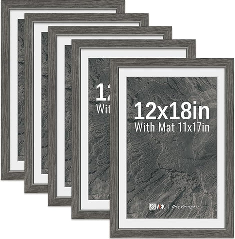 VCK 12x18 Picture Frame 5 Pack - Grey, High-End Wood Poster Frames with Tempered Glass, Display 11x17 Photo with Mat or 12x18 without Mat, Art Gallery-Quality, Wall Hanging, Grey