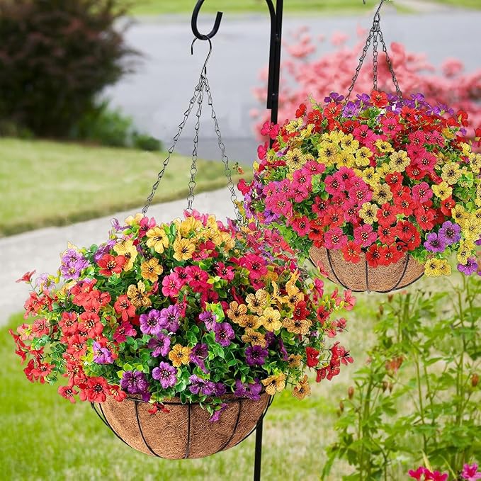Orgrimmar 2 Pack Artificial Hanging Flowers Basket Outdoor Fake Hanging Plants UV Resistant Realistic Silk Flowers Eucalyptus in Coconut Lining Baskets for Home Porch Balcony Patio Yard Muti-Color