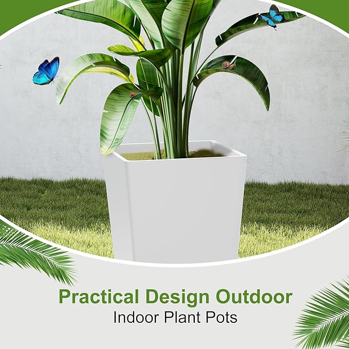24-Inch Tall Planters Set of 2 for Outdoor and Indoor Use, Tapered Flower Pots with Drainage Tray, Front Porch and Patio Decor, Ideal for Large Plants – White