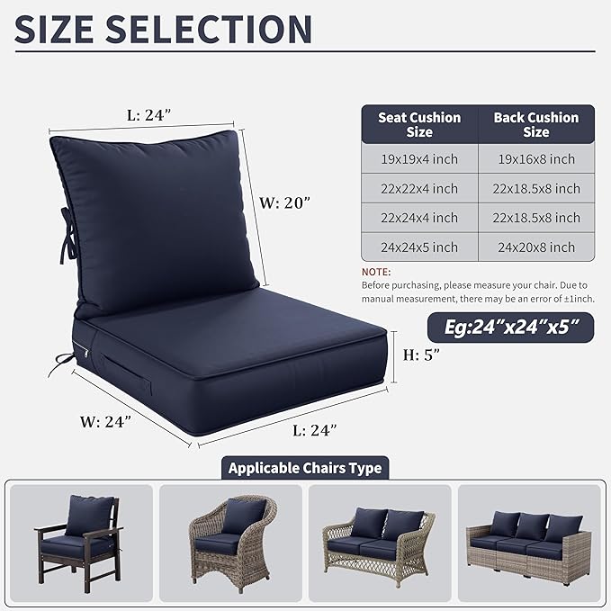 Premium Outdoor Seat Cushion Chair Cushions for Patio Furniture 24 L X 24 W X 5 H Waterproof & Fade Resistant Deep Seat and Backrest Cushion Set with Removable Covers for Chair, Sofa