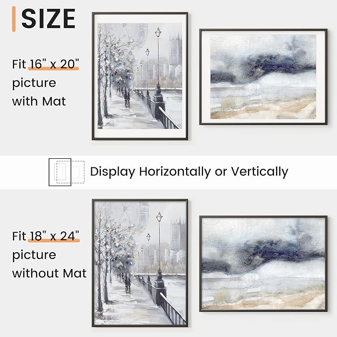 18x24 inch Metal Poster Frame - 18 x 24 Thin Aluminum Picture Frames Matted for 16x20 Photos, Artworks, Prints, Puzzle - High Definition Plexiglass - Vertical and Horizontal Display - Wall Hook Hanging Hardware Included - Black, Set of 1