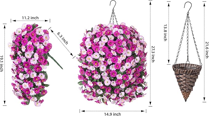 Artificial Hanging Flowers Plants in Basket, Fake Plant Silk Morning Glory Flower Arrangement for Outdoor Decor, UV Resistant Realistic Floral Planter for Outside Porch Patio Balcony (Fuchsia)