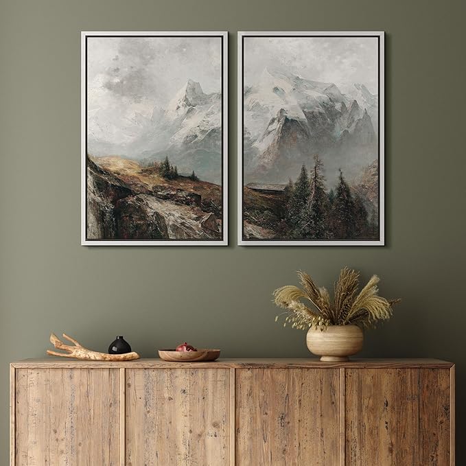 MUDECOR Framed Canvas Print Wall Art Majestic Snow-Capped Mountains Alpine Wilderness Nature Wilderness Illustrations Realism Decorative Scenic for Living Room, Bedroom, Office - 24"x36"x2 White
