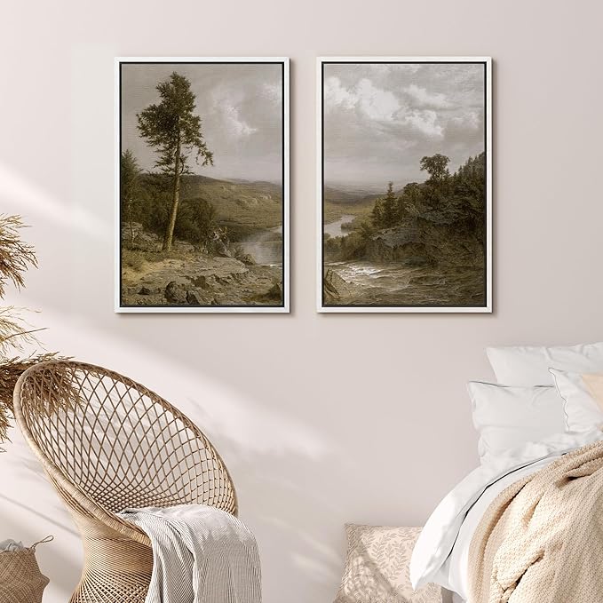MUDECOR Framed Canvas Print Wall Art Lone Pine Overlooking The Valley Classic Nature Scenery Nature Wilderness Illustrations Realism Decorative for Living Room, Bedroom, Office - 16"x24"x2 White