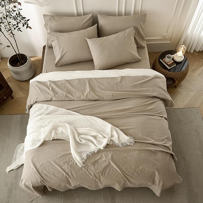 6PS Linen Like Bedding Sheet Sets Linen Grey Queen Size Cotton Bedding Set Oeko-TEX Standard 100% Washed Cotton Deep Pocket Queen Size Fitted Sheet Plus Cozy Flat Sheet and 4 Pillowcases