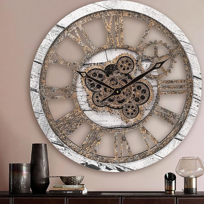 Large 20 Inch Farmhouse Vintage Rustic Moving Gears Oversized Roman Wall Clock for Living Room, Bedroom, Kitchen, Office Decor
