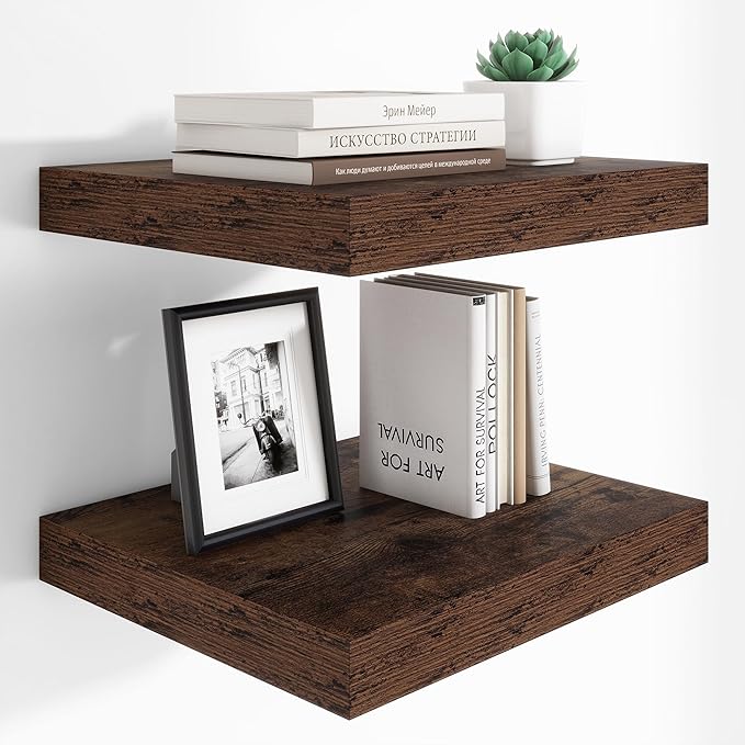 Heimlove 12 Inch Deep Floating Shelves, 16 x 12 inches Long Wall Shelf, Large Extra Display Shelf & Storage Shelf, Rustic Wood Wall Shelves for Fireplace Mantel, Brown - 2Pack