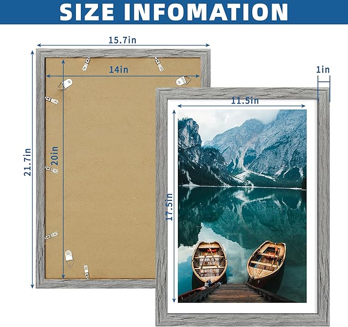 14x20 Picture Frame Set of 2, Rustic Grey Wood Style - Display 14 x 20 Picture without Mat or 12x18 Picture with Mat, Wall Mounting Horizontal and Vertical