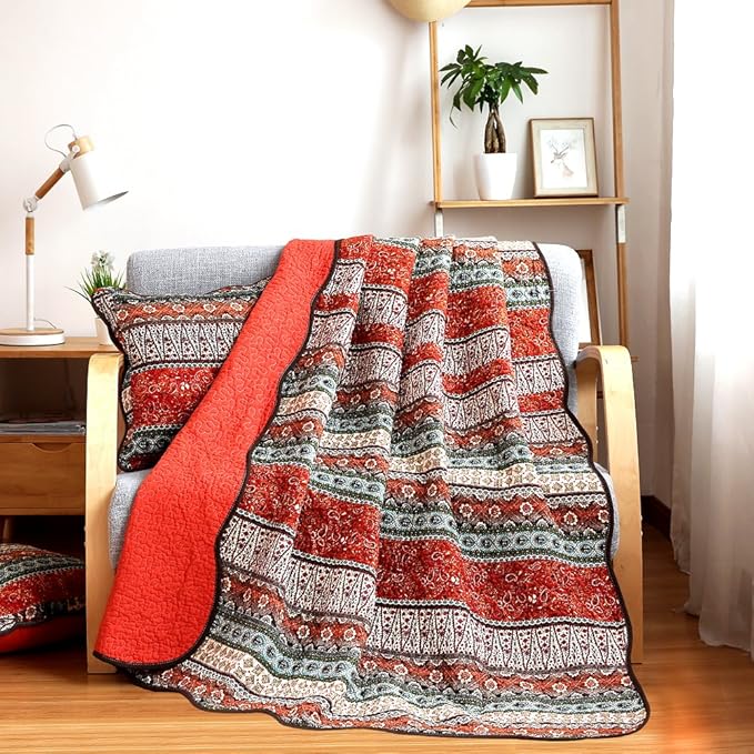 NEWLAKE Quilt Throw Blanket with Classical Floral Patchwork, Orange Jacquard, 60X78 Inch