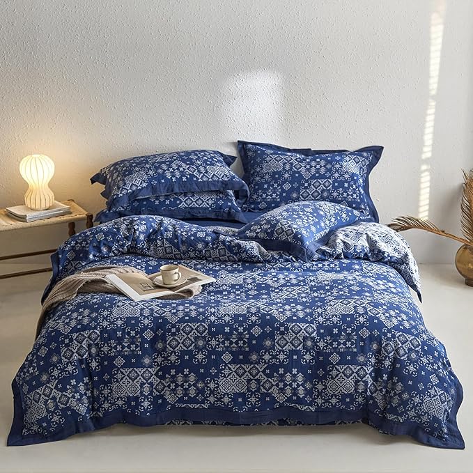 VM VOUGEMARKET Navy Blue Duvet Cover Queen Bohemian Geometric Duvet Cover Yarn-Dyed Cotton 3 Pieces Jacquard Flower Comforter Cover with Zipper Closure,Navy Blue/White