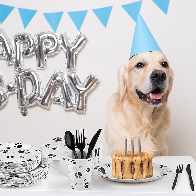 400 Pieces Black Paw Disposable Party Tableware Sets Dog Puppy Supplies Including Plates Cups Napkins Cutlery Serves 50 for Birthday Puppy Theme Party Decorations