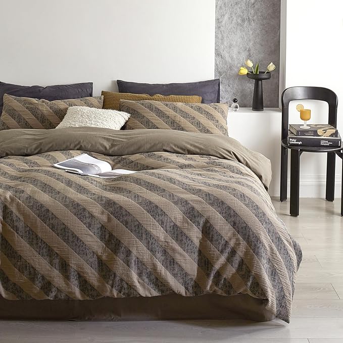 VM VOUGEMARKET Striped Bedding Duvet Cover King,3 Pieces Grey Khaki Diagonal Stripes Duvet Cover Sets,Linen Cotton Modern Simple Jacquard Comforter Cover with Zipper Ties