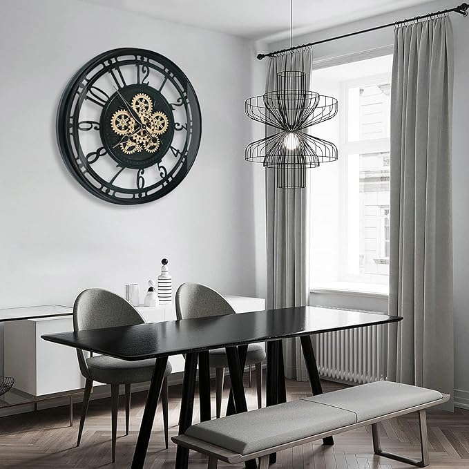 DORBOKER 30 Inch Real Moving Gears Wall Clock Large Modern Metal Clocks for Living Room Decor, Industrial Steampunk Unique Vintage Rustic Decorative Clock for Home Farmhouse Office,Black Gold Arabic
