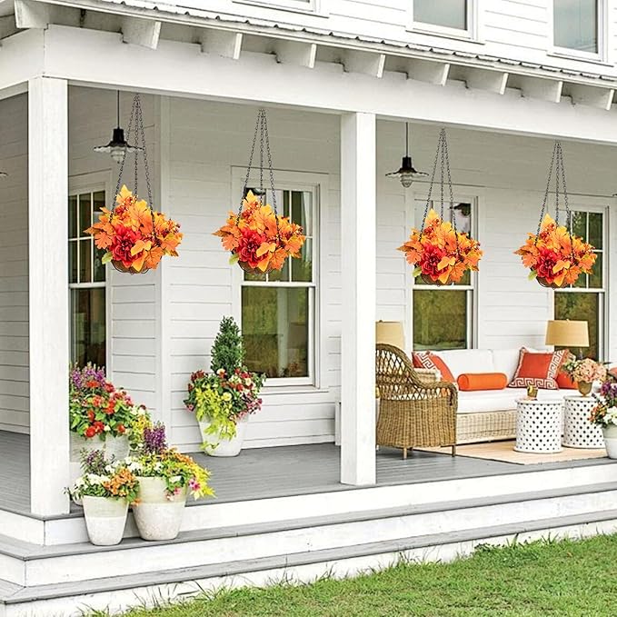 Artificial Faux Maple Leaves Hanging Plants Flowers Basket for Outdoors Autumn Decoration, Silk Maple Leaf Peony Dahlia Look Real Fake Flowers for Porch Outside Patio Balcony Yard Home Garden