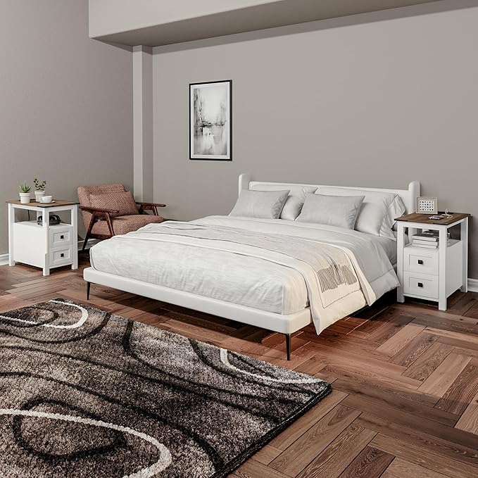 Farmhouse Nightstand with Charging Station and 2 Storage Drawers, Bedside Table with Barn Door and Shelf, Rustic End Table Side Table for Bedroom, Living Room, Sofa