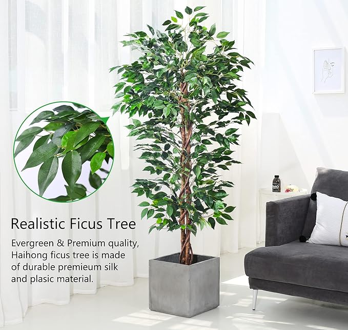 Artificial Ficus Tree 5FT Faux Silk Plants with Sturdy Plastic Nursery Pot,Fake Ficus Trees for Home Office Farmhouse Indoor Outdoor Decor Perfect Housewarming Gift (5FT-1Pack)