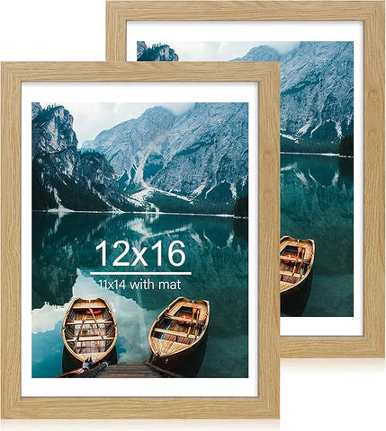 12x16 Picture Frame Set of 2, Natural Oak Wood Style - Display 12 x 16 Poster without Mat or 11x14 Picture with Mat, Wall Mounting Horizontal and Vertical