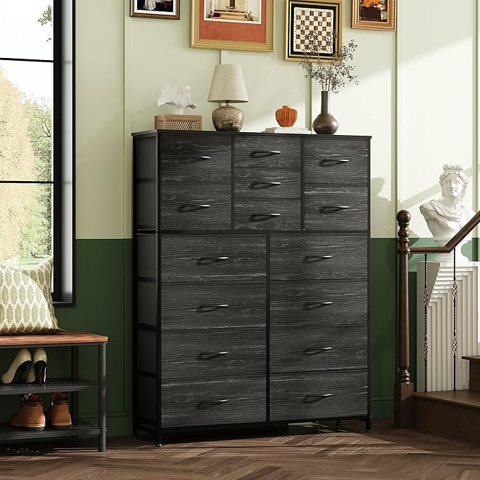 WLIVE Tall Console Table with 15 Fabric Drawers, Entryway Table with Storage, Tall Storage Organizer with Wood Top, Steel Frame for Living Room, Hallway, Office, Charcoal Black Wood Grain Print