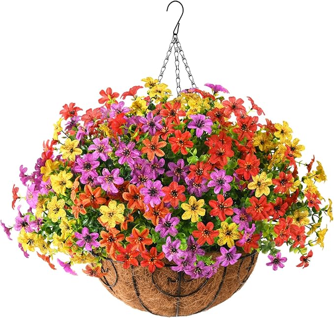 INQCMY Artificial Fake Hanging Plants Flowers Basket for Summer Outdoor Decoration, Faux Silk UV Resistant Colorful Daisy Eucalyptus for Outside Garden Porch Home Patio Balcony Yard