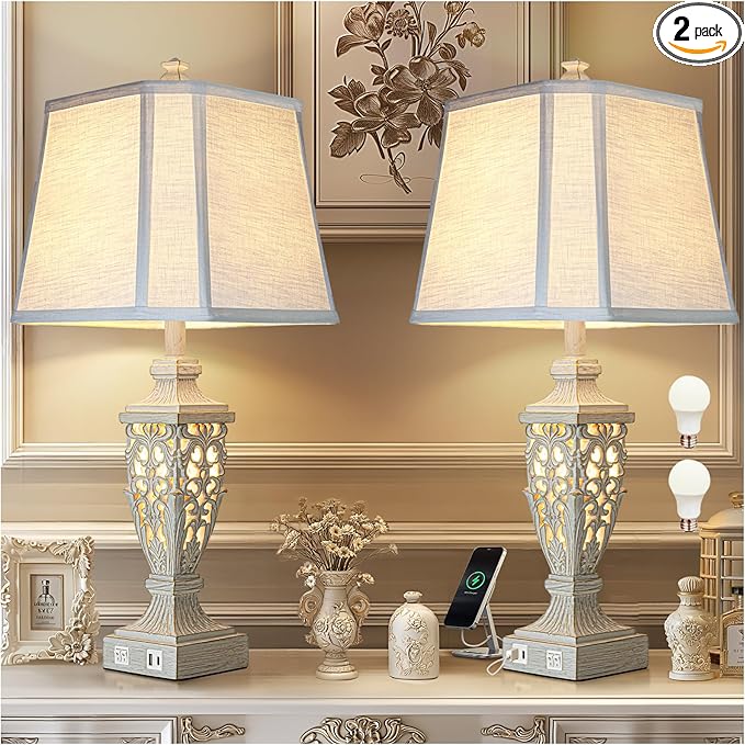 28.5" Lamps for Living Room - Table Lamps Set of 2 with Night Light,Bedside Lamp with White Linen Cut Corner Shade - for Bedroom Room and Nightstand with USB A+C Ports- for Office Hotel(Bulb Included)