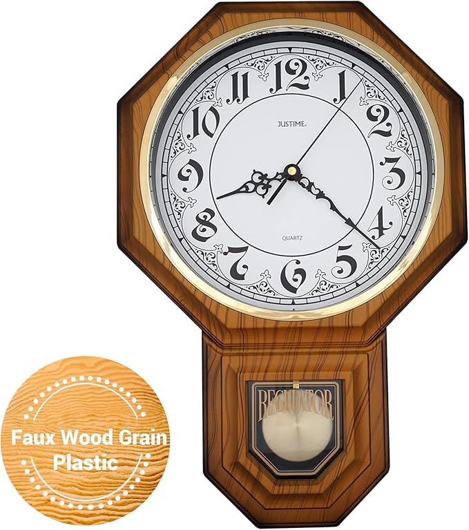 JUSTIME Traditional Schoolhouse Classic Vintage Arabic Regulator Wall Clock, Chiming Wall Clocks with Pendulum & Westminster Chime Hourly, Schoolhouse Wall Decor Battery Operated (Light Wood Grain)