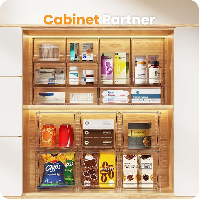 【𝟮𝗣𝗖𝗦】A-LUGEI Acrylic Stackable Storage Drawers, 7.5"L Makeup Organizer, Bathroom Organizer and Storage, Plastic Storage Bins for Kitchen Cabinet Pantry Medicine Fridge