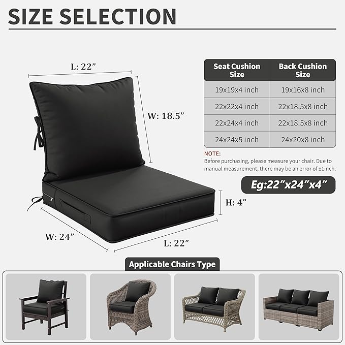 Premium Outdoor Seat Cushion Chair Cushions for Patio Furniture 22 L X 24 W X 4 H Waterproof & Fade Resistant Deep Seat and Backrest Cushion Set with Removable Covers for Chair, Sofa