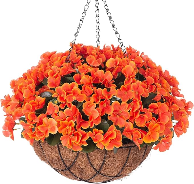 Fall Artificial Flowers with Hanging Basket for Outdoor Indoor, 4 Branches Fake Hydrangea Flowers in Coconut Lining Hanging Basket Home Courtyard Spring Summer Decor(Orange)