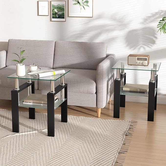 IANIYA 2PCS Modern Glass End Table, 2-Tier Side Table with Tempered Glass Top & Metal Legs, Night Stand Corner Table for Living Room, Bedroom