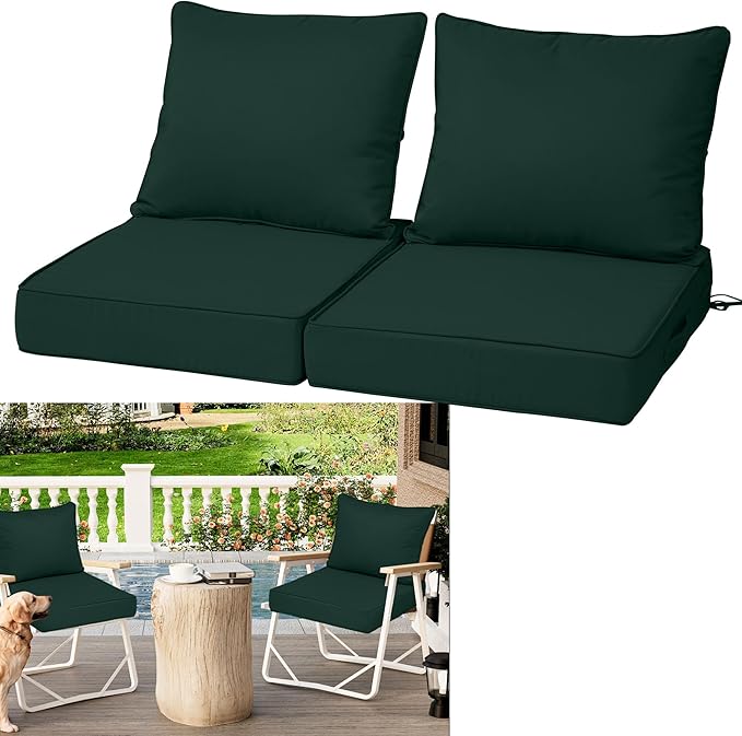 Outdoor Deep Seat Cushions for Patio Furniture Set of 2, Waterproof Outdoor Chair Cushions 22 x 22 x 4'' Patio Furniture Cushion with Fade Resistant Removable Cover, Handle & Straps, Dark Green