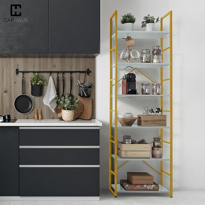 CAPHAUS 6 Tier Bookshelf, 24 Inch Width Free Standing Shelf, Bookcase Shelf Storage Organizer, Industrial Book Shelves for Home Office, Living Room, Kitchen, White Wooden Shelves & Gold Frame