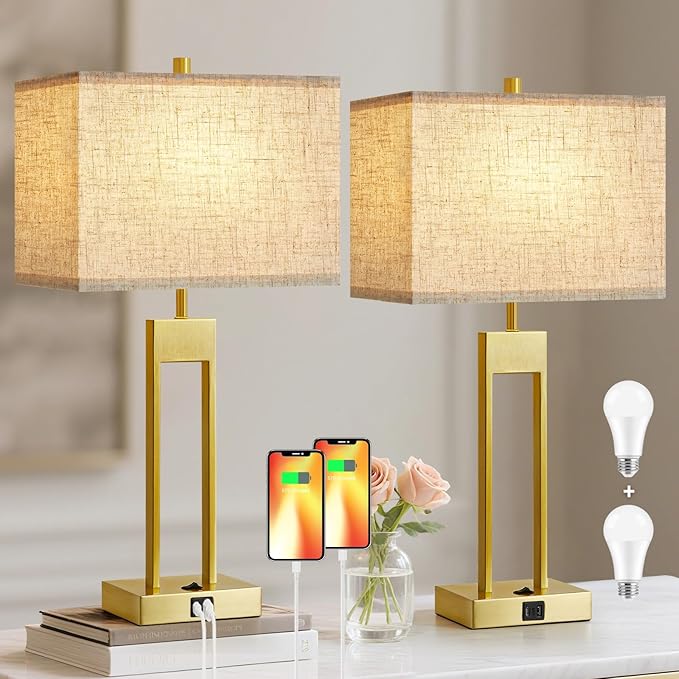 25.5" Nightstand Table Lamps for Bedrooms Set of 2, Bedside Lamp with USB C+A, 3 Colors Changeable Living Room Lamp, Modern Night Stand Lamps for Bed Side Guest Room Reading, Gold