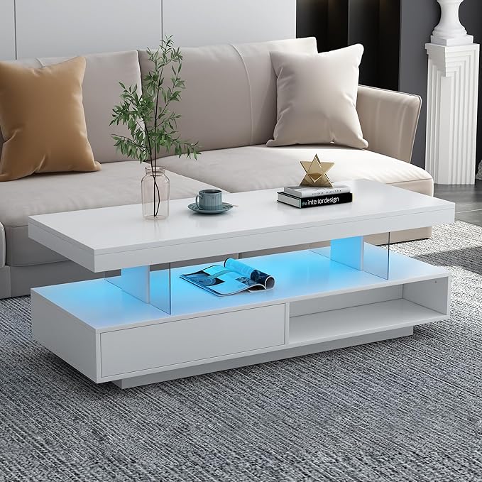 LED Coffee Table with Storage, High Glossy LED Coffee Tables for Living Room, Center Table with Open Display Shelf & Sliding Drawers, (White)
