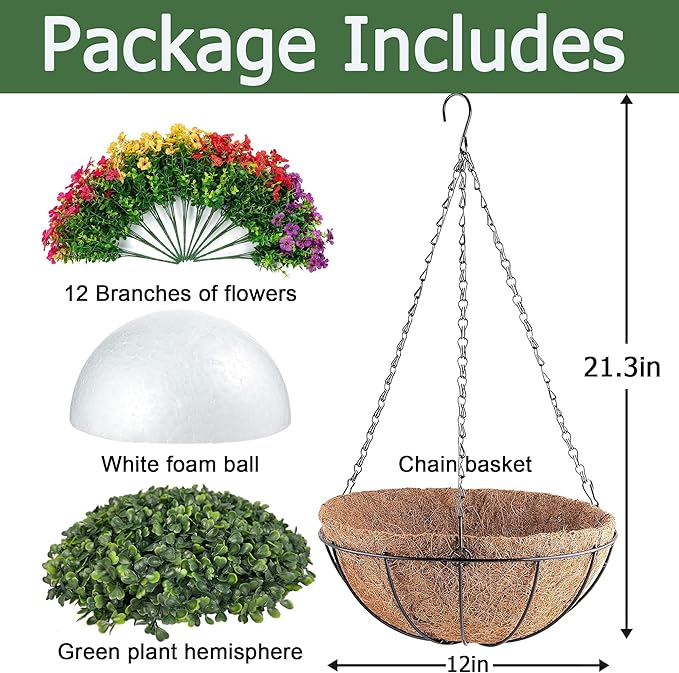 Orgrimmar Artificial Hanging Flowers Basket Outdoor Fake Hanging Plants UV Resistant Realistic Silk Flowers Eucalyptus in Coconut Lining Baskets for Home Porch Balcony Patio Yard Muti-Color