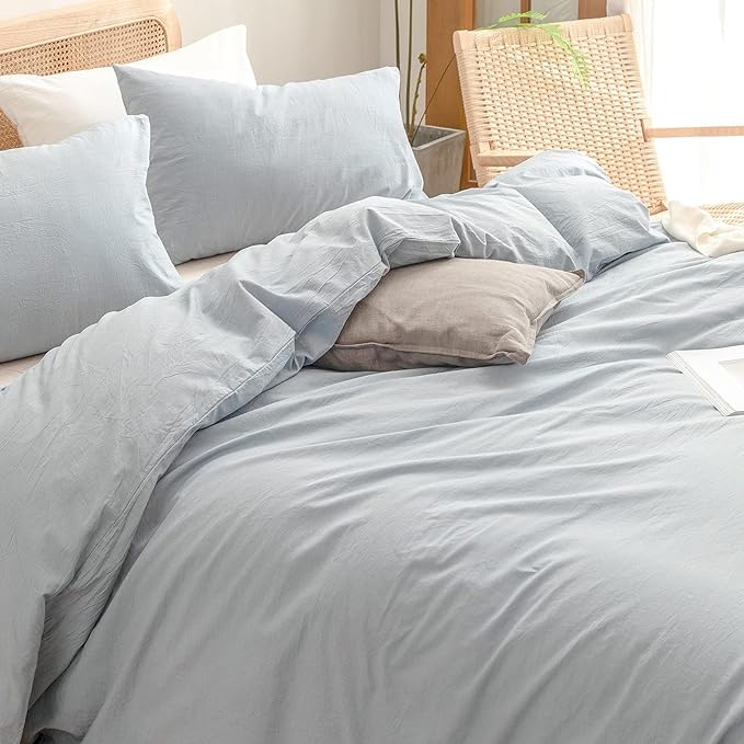 BESTOUCH Duvet Cover Set 100% Washed Cotton Linen Feel Super Soft Comfortable Chic Lightweight 3 PCs Home Bedding Set Solid Cornflower Blue Super King Plus