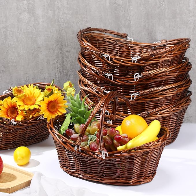 Wesiti 6 Pcs Wicker Picnic Basket with Handle, Hand Woven Harvest Basket Bulk, Wicker Flower Hoppet for Storage, Picnics, Easter, Organizing, Egg Gathering, Candy, Wedding(Dark Brown)